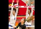 CCLP/TJ MAXWELL - Cove sophomore Aidan Chace (8) and senior Zari Chipman, defend against Southlake Carroll senior Haley Hallgren during the Area round of the 2016-17 UIL State Volleyball Playoffs.