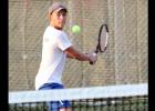 CCLP/TJ MAXWELL - Copperas Cove’s Brett Alber hits a backhand during District 8-5A play. Alber won his single’s match against Shoemaker’s William Conner to help the Dawgs secure a 14-5 victory on Tuesday.