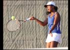CCLP/TJ MAXWELL - Cove’s Latoya Alokoa hits a forehand during district play. Alokoa and doubles teammate Abby Mackwelung earned a straight-set win over Belton’s Kenzie Daniell/Erin McGoldrick 6-4, 7-6(2) during during Tuesday’ 14-5 loss to the Tigers.