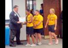 CCLP/BRITTANY FHOLER - Drum majors of the Pride of Cove Marching Band and Color Guard are recognized for their work at the CCISD Convocation last month at the CCISD Board of Trustees meeting held Tuesday evening.