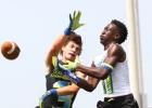 Whitehouse’s Conner Clark defends a pass intended for Copperas Cove receiver Derris Prater in the first half of their pool play game on Friday during the Adidas 7 v 7 State Tournament in College Station. 